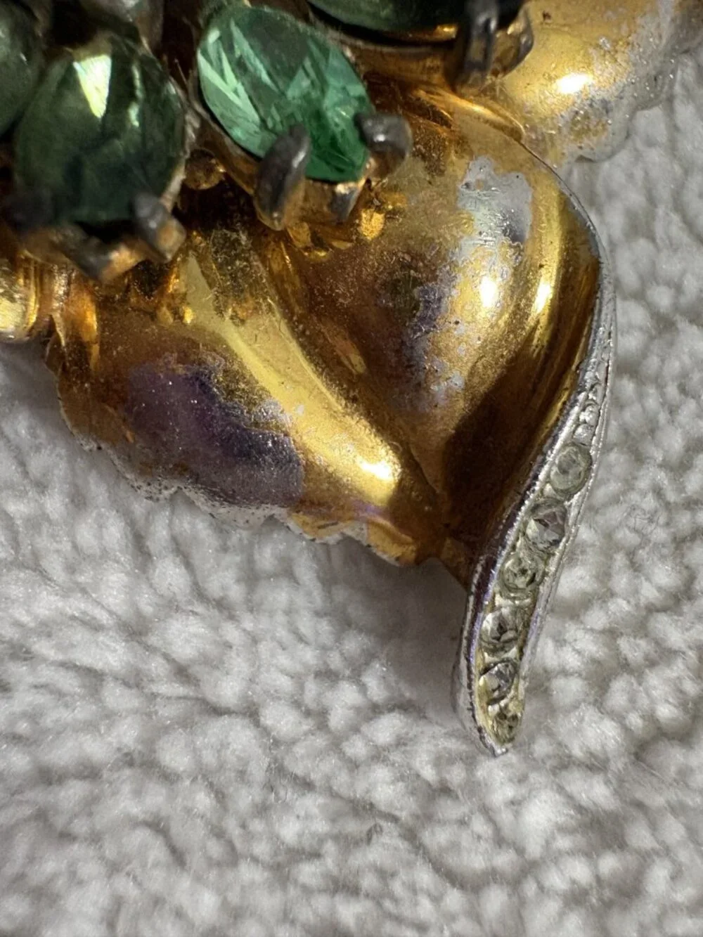 Vintage Mid Century Gold Tone Floral Brooch Green Marquise Rhinestone Flower Pin